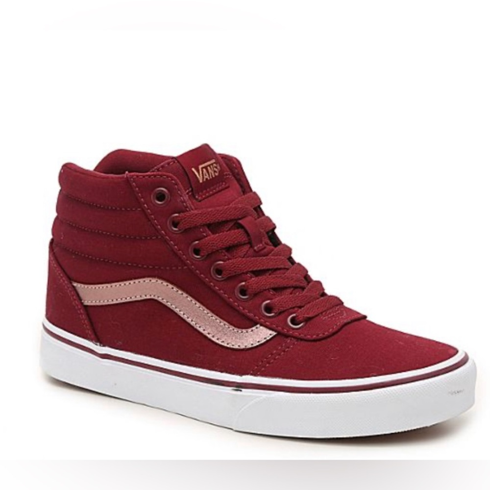Vans Sk8 Women’s High Top Sneakers in Maroon with Rose Gold Detail